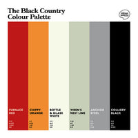 The Black Country Colour Palette design featuring six colour swatches representing the Black Country places and industry, plus orange chips