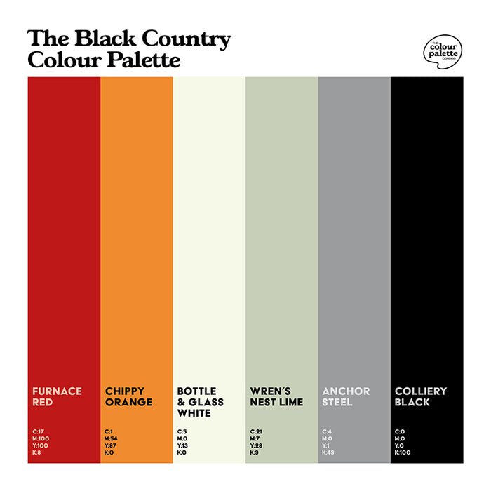 The Black Country Colour Palette design featuring six colour swatches representing the Black Country places and industry, plus orange chips
