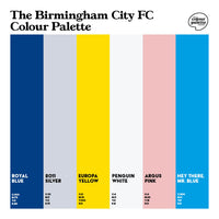 The Birmingham City FC Colour Palette featuring the colours of Blues and St Andrew’s in six swatches of royal blue to Argus Pink