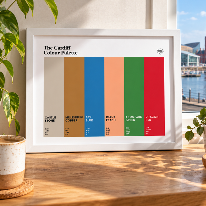 Cardiff Colour Palette print in a white frame