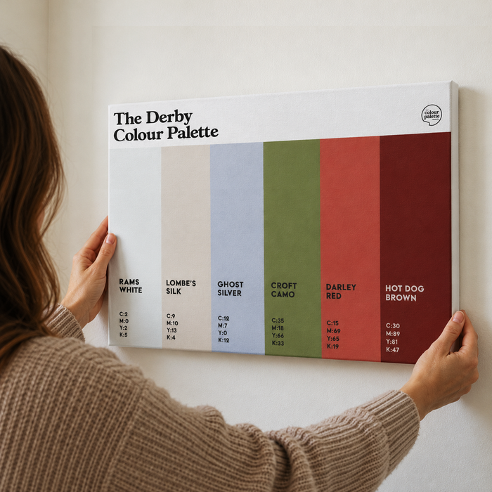 Derby Colour Palette canvas wall art featuring six colourful swatches inspired by Derby County, Rolls-Royce and Derbyshire’s heritage.