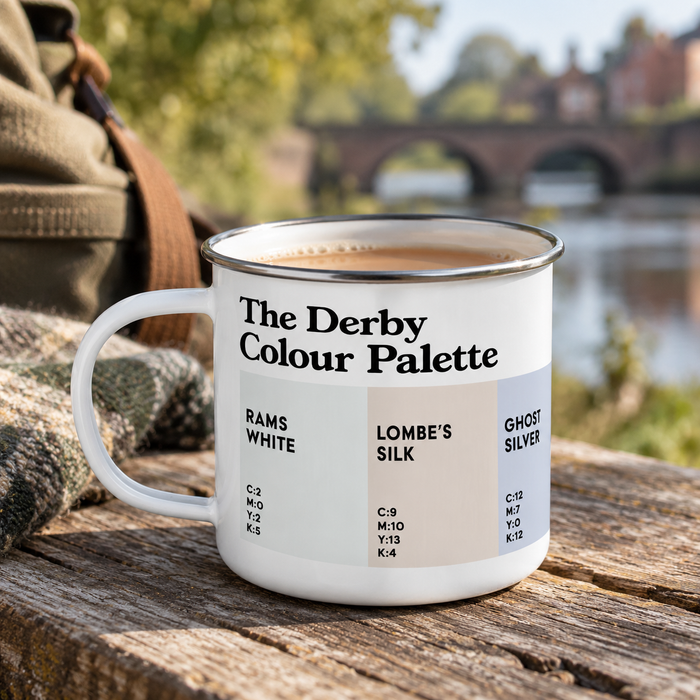 Derby Colour Palette enamel camping mug featuring six colours inspired by Derby County, the Silk Mill and Derbyshire’s industrial heritage.