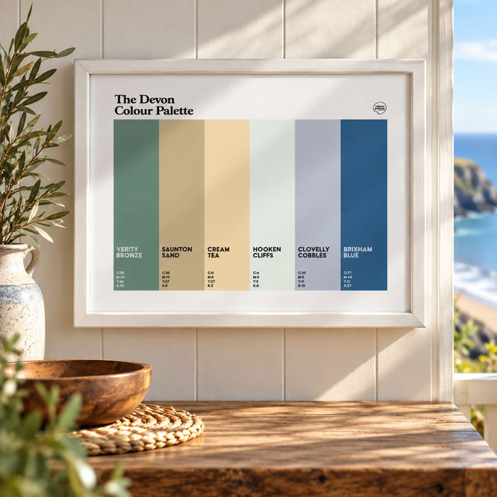 Devon Colour Palette framed art print in white frame