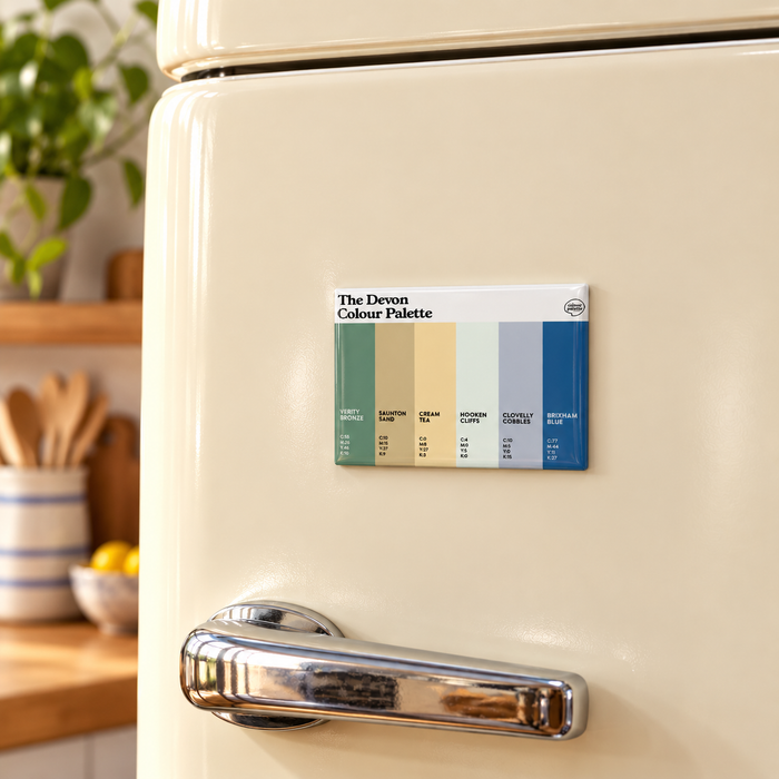 Devon Colour Palette Fridge Magnet on a Cream fridge