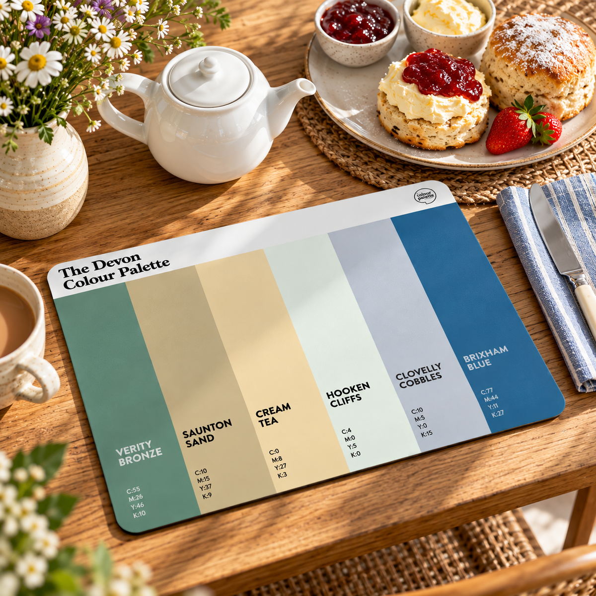 Devon Colour Palette placemat with a Devon Cream Tea and Scone