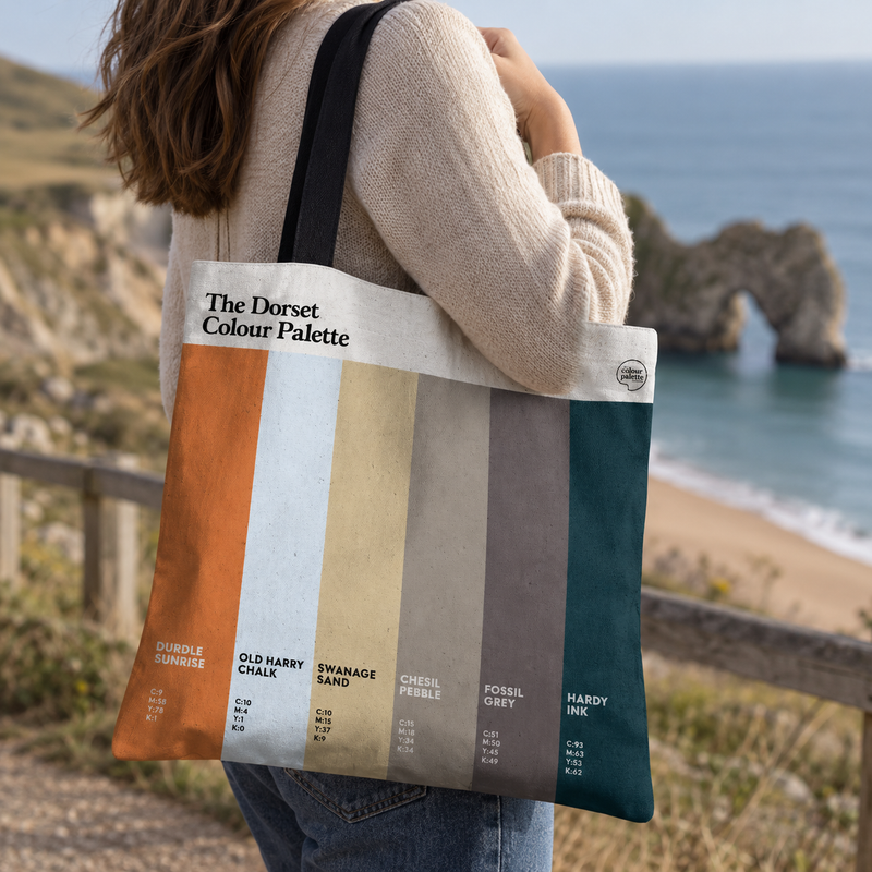 Dorset Colour Palette cotton tote shopping bag with six colour swatches inspired by Durdle Door, Old Harry Rocks, Swanage, Chesil Beach and the Jurassic Coast.