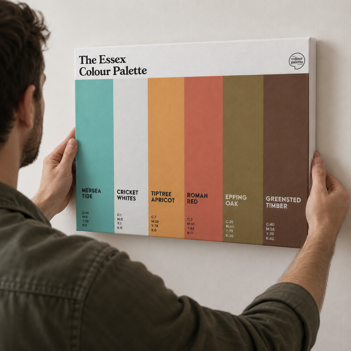 Essex Colour Palette canvas wall art featuring six vertical colour swatches inspired by Mersea Island, Tiptree, Colchester, Epping Forest and Greensted.