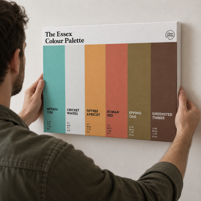 Essex Colour Palette canvas wall art featuring six vertical colour swatches inspired by Mersea Island, Tiptree, Colchester, Epping Forest and Greensted.