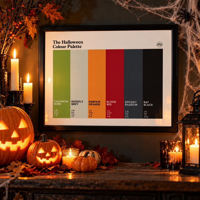 Halloween Colour Palette in a black frame and spooky house setting