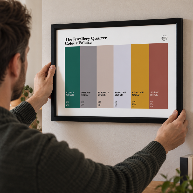 Jewellery Quarter Colour Palette framed wall art featuring six colours inspired by the Chamberlain Clock, pen trade, St Paul’s Square and jewellery making.