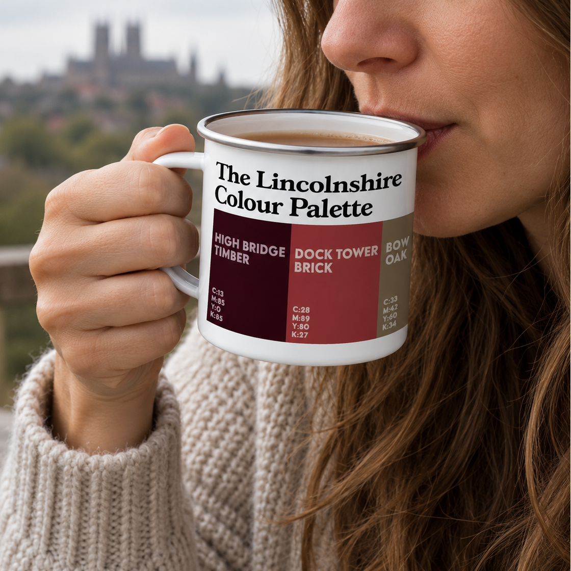 Lincolnshire Colour Palette enamel camping mug featuring colours inspired by Lincoln Cathedral, Grimsby, Skegness and the county’s landmarks.