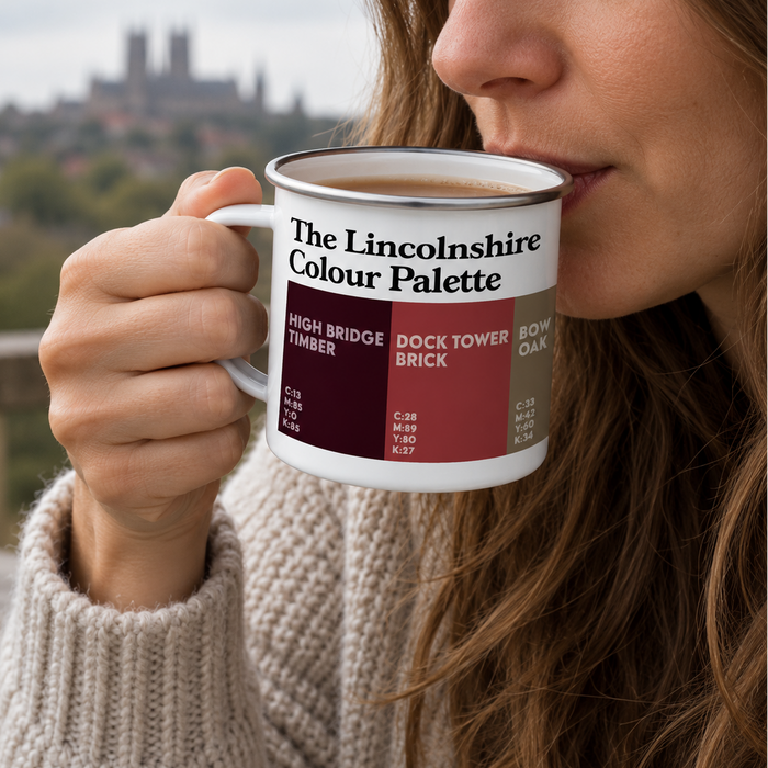 Lincolnshire Colour Palette enamel camping mug featuring colours inspired by Lincoln Cathedral, Grimsby, Skegness and the county’s landmarks.