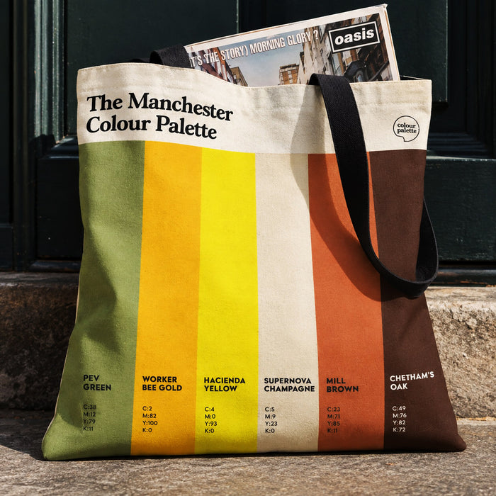 Manchester Colour Palette Tote Bag with an Oasis album cover