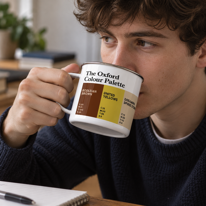 Oxford Colour Palette enamel camping mug featuring colours inspired by Oxford University, the Bodleian Library, Oxford United and the city’s literary heritage.