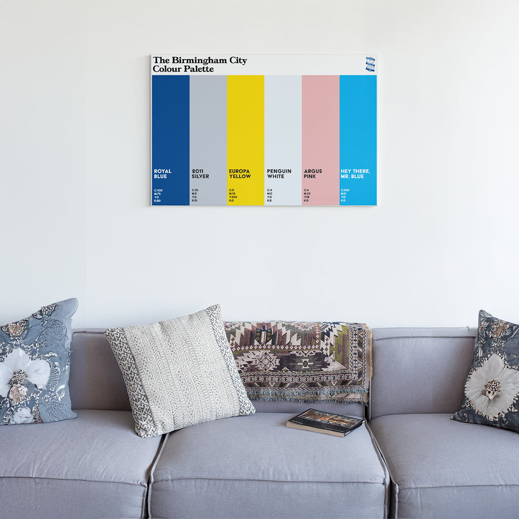 Birmingham City Colour Palette canvas wall art featuring six vertical colour swatches celebrating the history of the Blues.