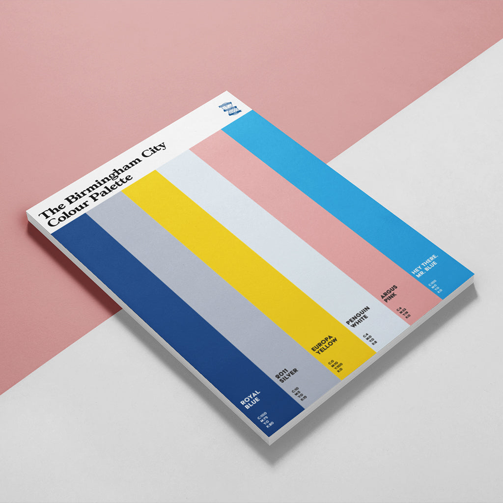 Birmingham City Colour Palette A5 sketchbook with six vertical colour swatches inspired by Blues football history and traditions.