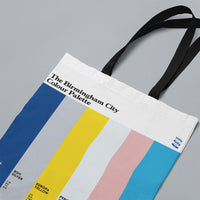 Birmingham City Colour Palette cotton tote shopper bag with black handles and six vertical colour swatches inspired by Blues history.