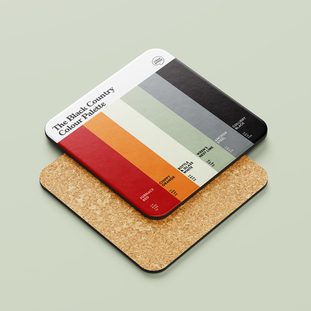 Black Country Colour Palette coaster featuring six colour swatches celebrating orange chips, industrial heritage, the Black Country Living Museum and Dudley’s Wren’s Nest.