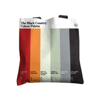 Black Country Colour Palette cotton tote shopper bag with black handles and six vertical colour swatches inspired by local landmarks and industrial history.