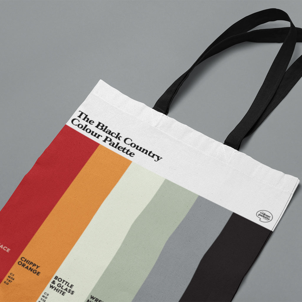 Black Country Colour Palette cotton tote shopper bag with black handles and six vertical colour swatches inspired by local landmarks and industrial history.