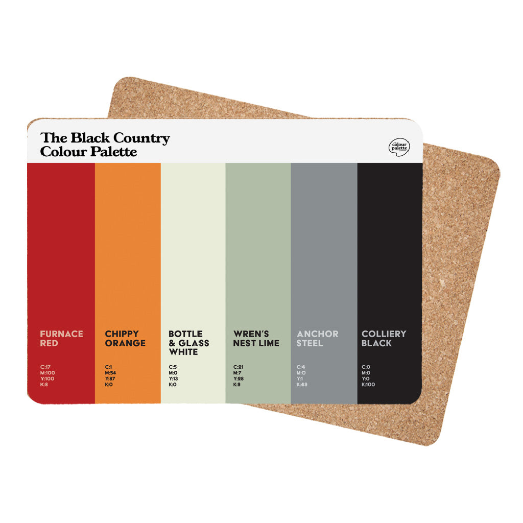 Black Country Colour Palette dining placemat featuring six colours celebrating the region’s industrial heritage, orange chips and historic landmarks.