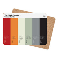 Black Country Colour Palette dining placemat featuring six colours celebrating the region’s industrial heritage, orange chips and historic landmarks.