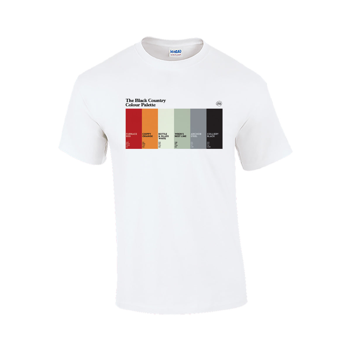 Black Country Colour Palette T-shirt featuring six colours inspired by industrial furnaces, orange chips, the Black Country Living Museum, Wren’s Nest, steelmaking and mining.