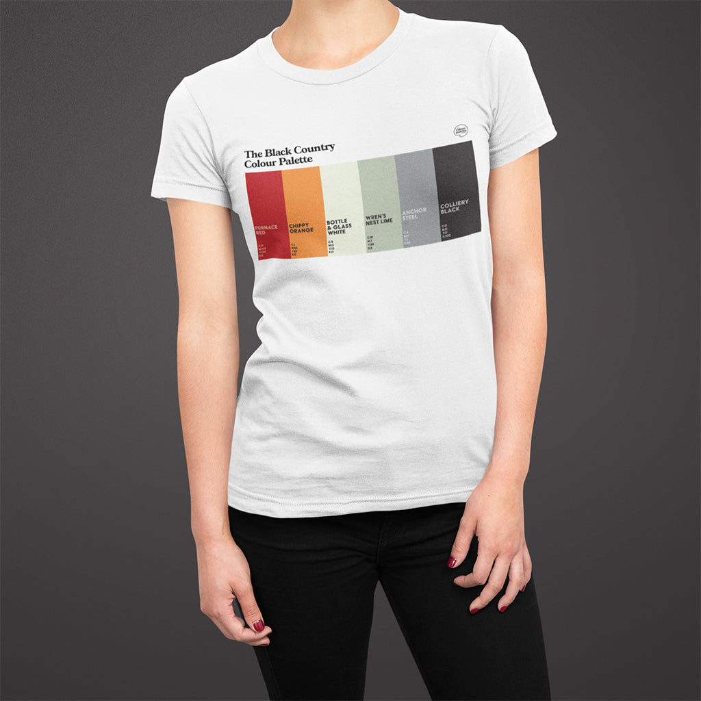 Black Country Colour Palette T-shirt featuring six colours inspired by industrial furnaces, orange chips, the Black Country Living Museum, Wren’s Nest, steelmaking and mining.