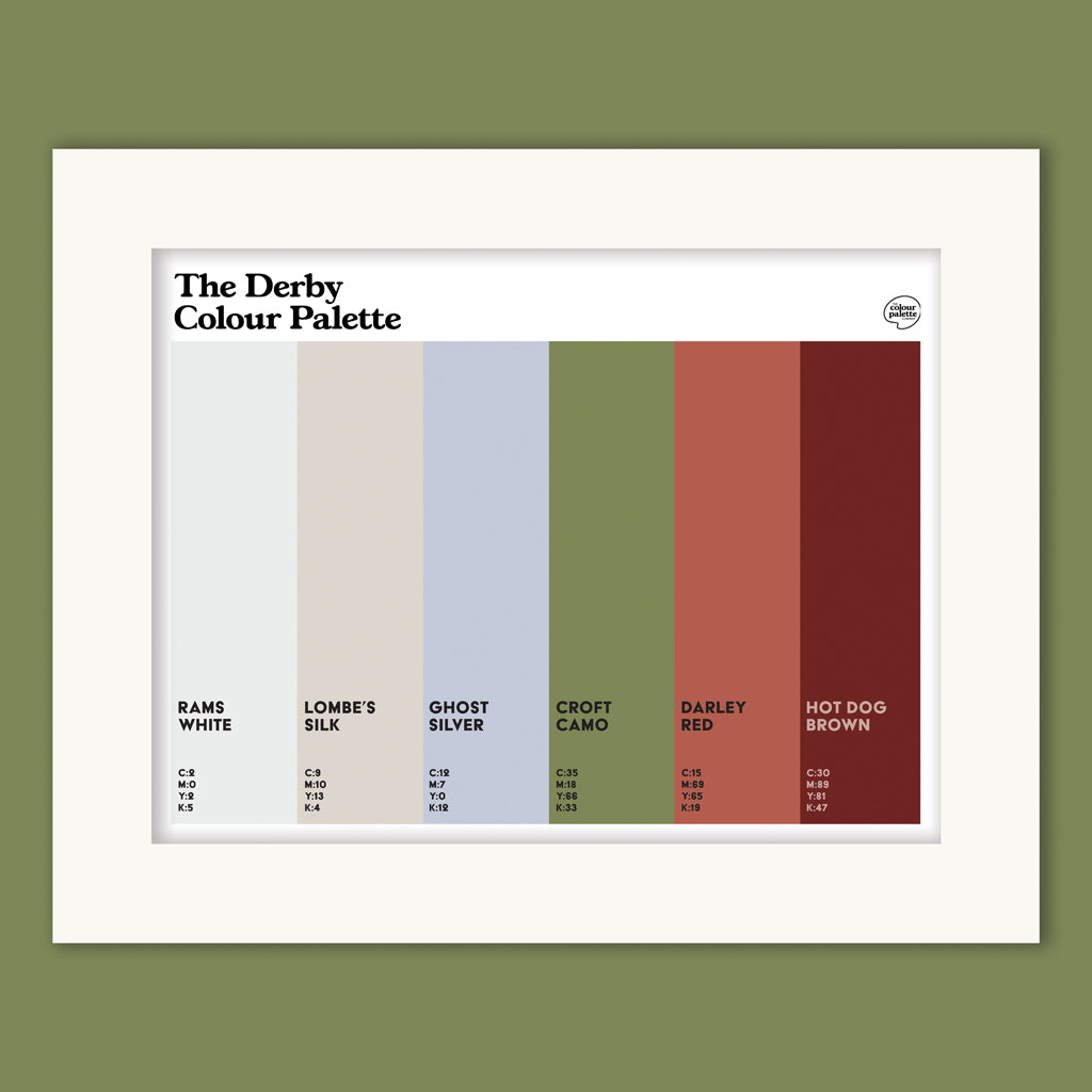 Derby Colour Palette mounted art print with six colours inspired by Derby’s famous landmarks, football and engineering history.