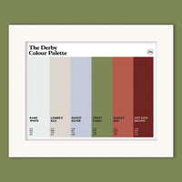 Derby Colour Palette mounted art print with six colours inspired by Derby’s famous landmarks, football and engineering history.