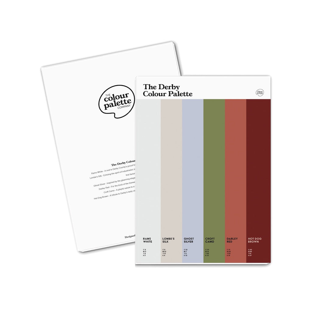 Derby Colour Palette A5 art sketchbook featuring six colour swatches celebrating Derbyshire’s industrial heritage, football and creative history.