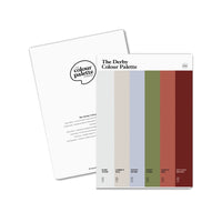 Derby Colour Palette A5 art sketchbook featuring six colour swatches celebrating Derbyshire’s industrial heritage, football and creative history.