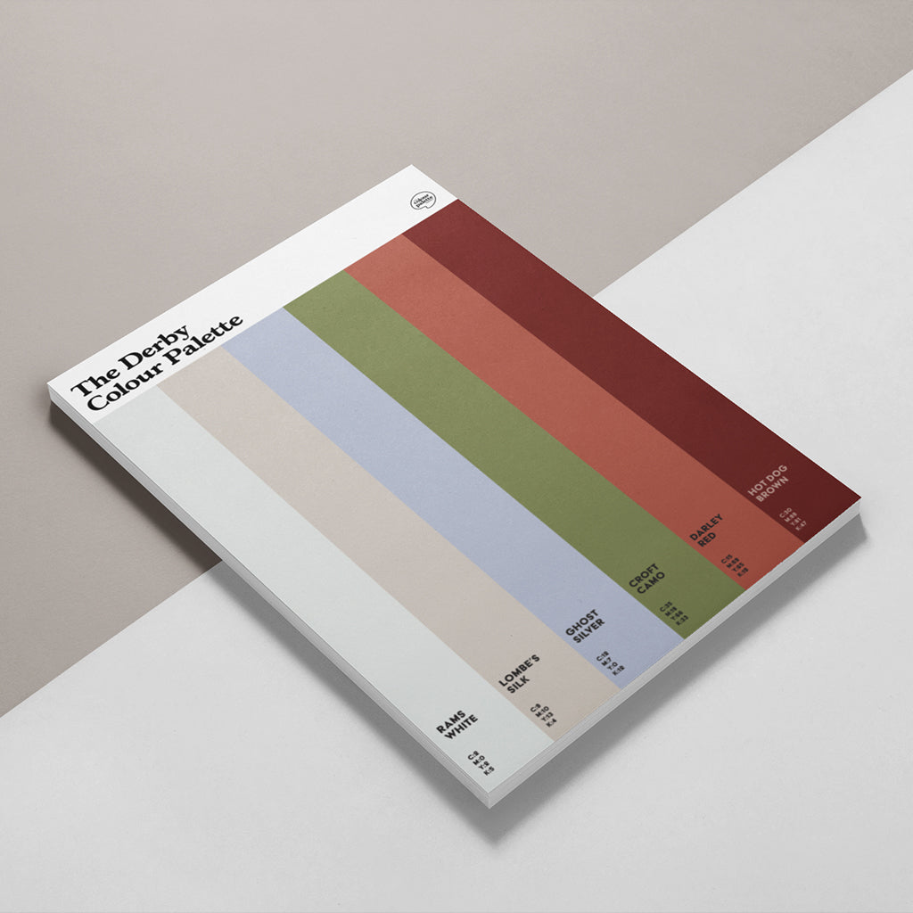 Derby Colour Palette A5 art sketchbook featuring six colour swatches celebrating Derbyshire’s industrial heritage, football and creative history.