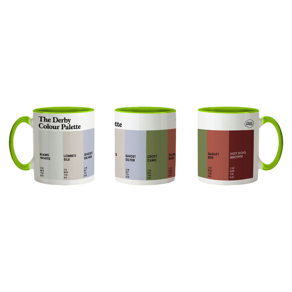 Derby Colour Palette porcelain coffee mug featuring six colour swatches celebrating Derby’s famous landmarks, football and local history.