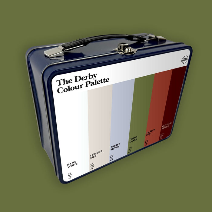 Derby Colour Palette metal lunch box featuring six colours inspired by Derby County, Rolls-Royce, Lara Croft and the city’s heritage.