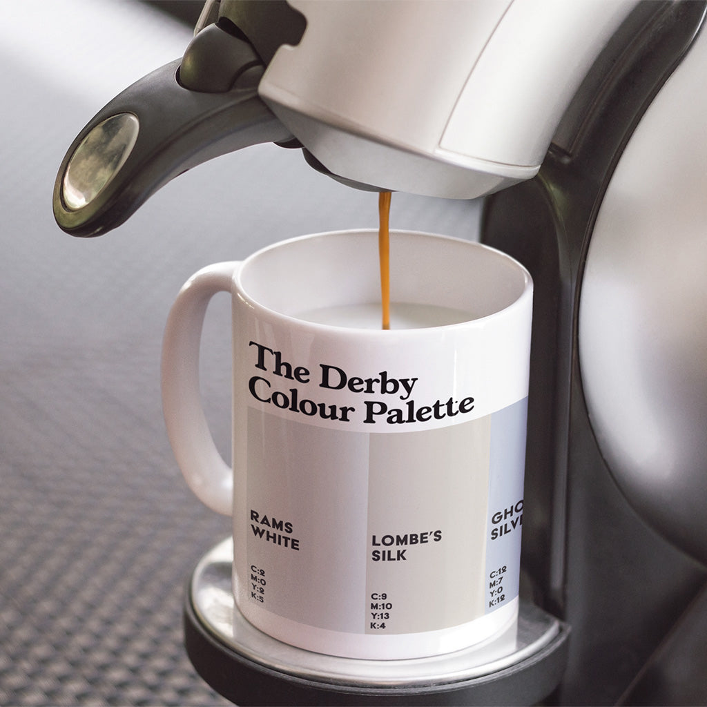 Derby Colour Palette porcelain coffee mug featuring six colour swatches celebrating Derby’s famous landmarks, football and local history.