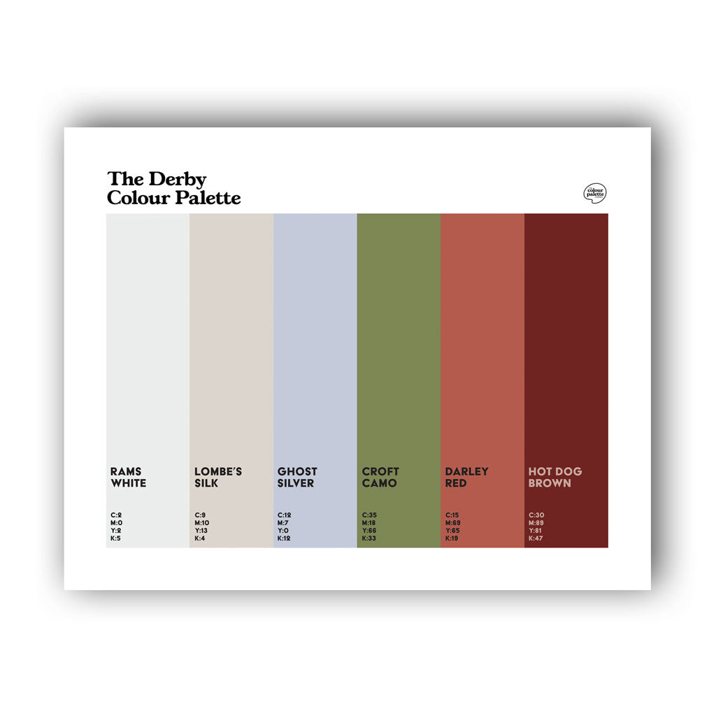 Derby Colour Palette Unframed wall art print featuring six colours celebrating Derby County, the Silk Mill, Rolls-Royce and local heritage.