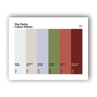 Derby Colour Palette Unframed wall art print featuring six colours celebrating Derby County, the Silk Mill, Rolls-Royce and local heritage.