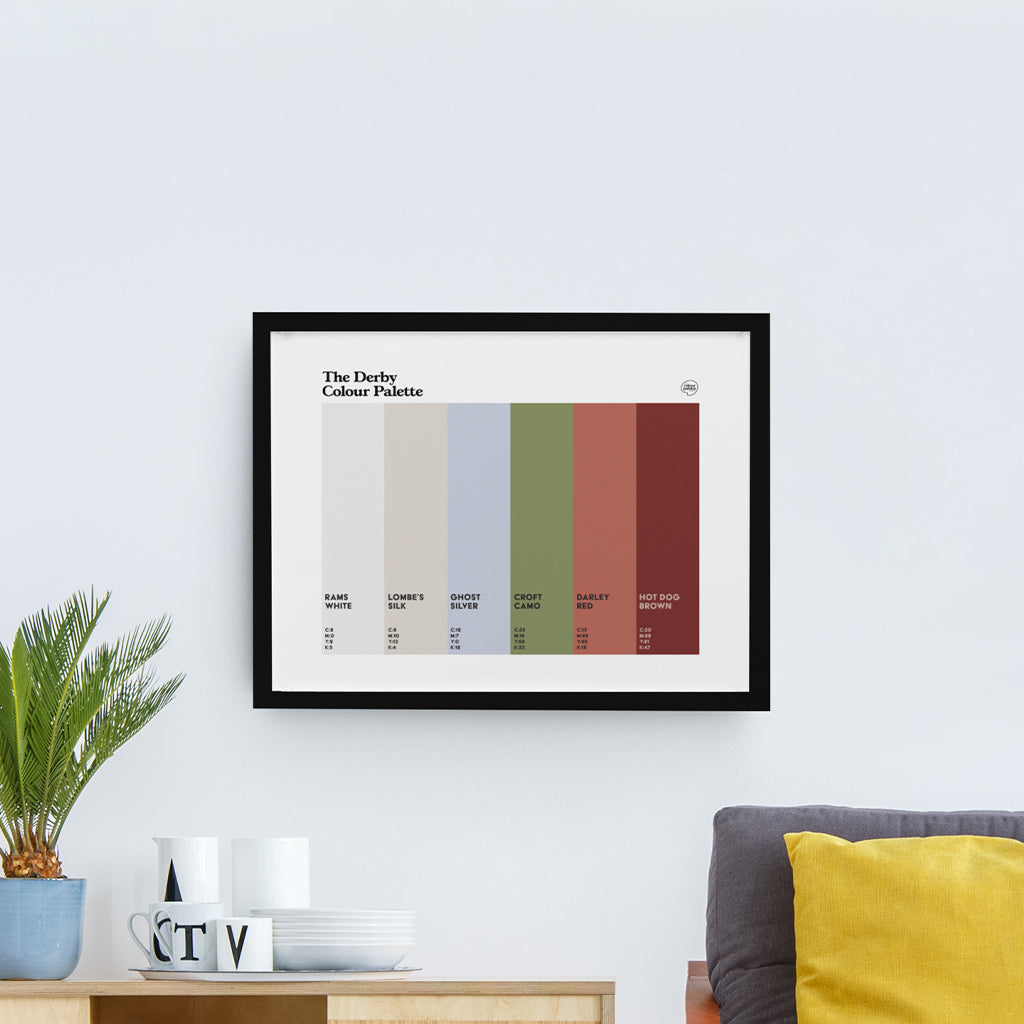 Derby Colour Palette framed wall art print featuring six colours celebrating Derby County, the Silk Mill, Rolls-Royce and local heritage.