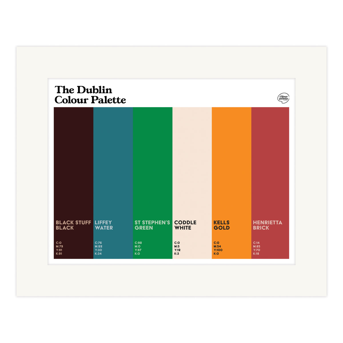 Dublin Colour Palette mounted art print featuring six colours inspired by Dublin, Ireland