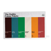 Tea towel with The Dublin Colour Palette featuring six colored swatches and their names.