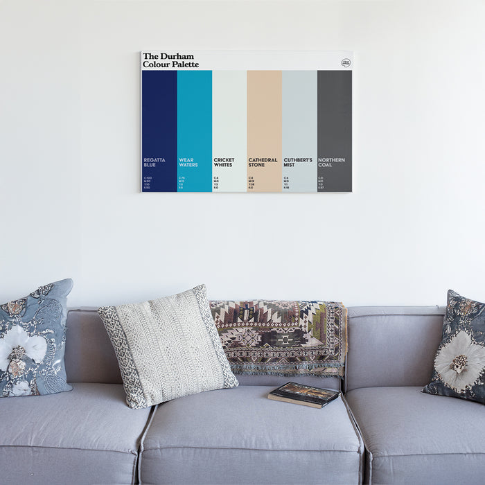 Durham Colour Palette canvas wall art featuring six colours inspired by Durham Cathedral, the River Wear, Durham Regatta, St Cuthbert and County Durham heritage.