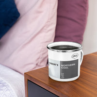 Durham Colour Palette enamel camping mug featuring colours inspired by Durham Regatta, the River Wear, Durham Cathedral, St Cuthbert and northern heritage.
