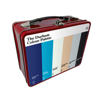Durham Colour Palette metal lunch box featuring six colour swatches inspired by Durham Regatta, the River Wear, Chester-le-Street cricket and Durham Cathedral.