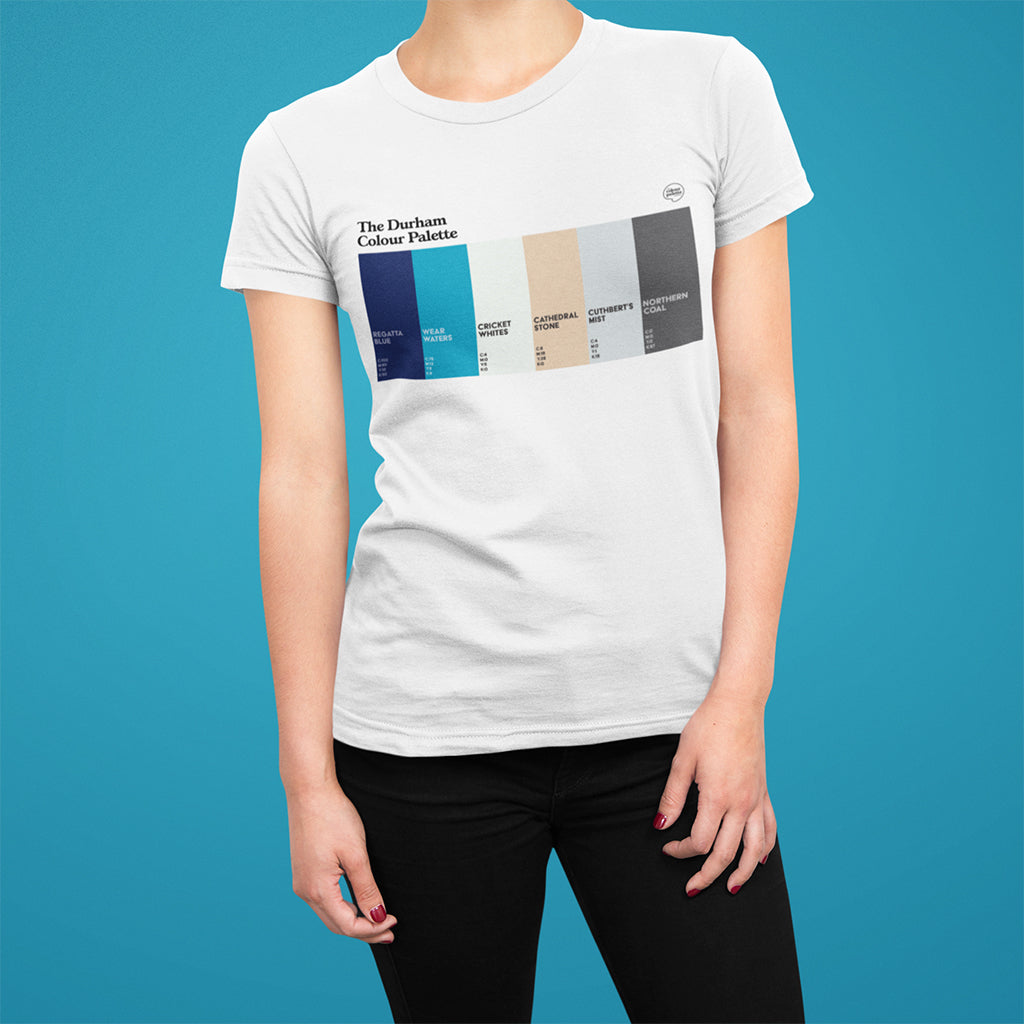 Durham Colour Palette T-shirt featuring six colour swatches inspired by Durham Regatta, the River Wear, Chester-le-Street cricket, Durham Cathedral and mining heritage.