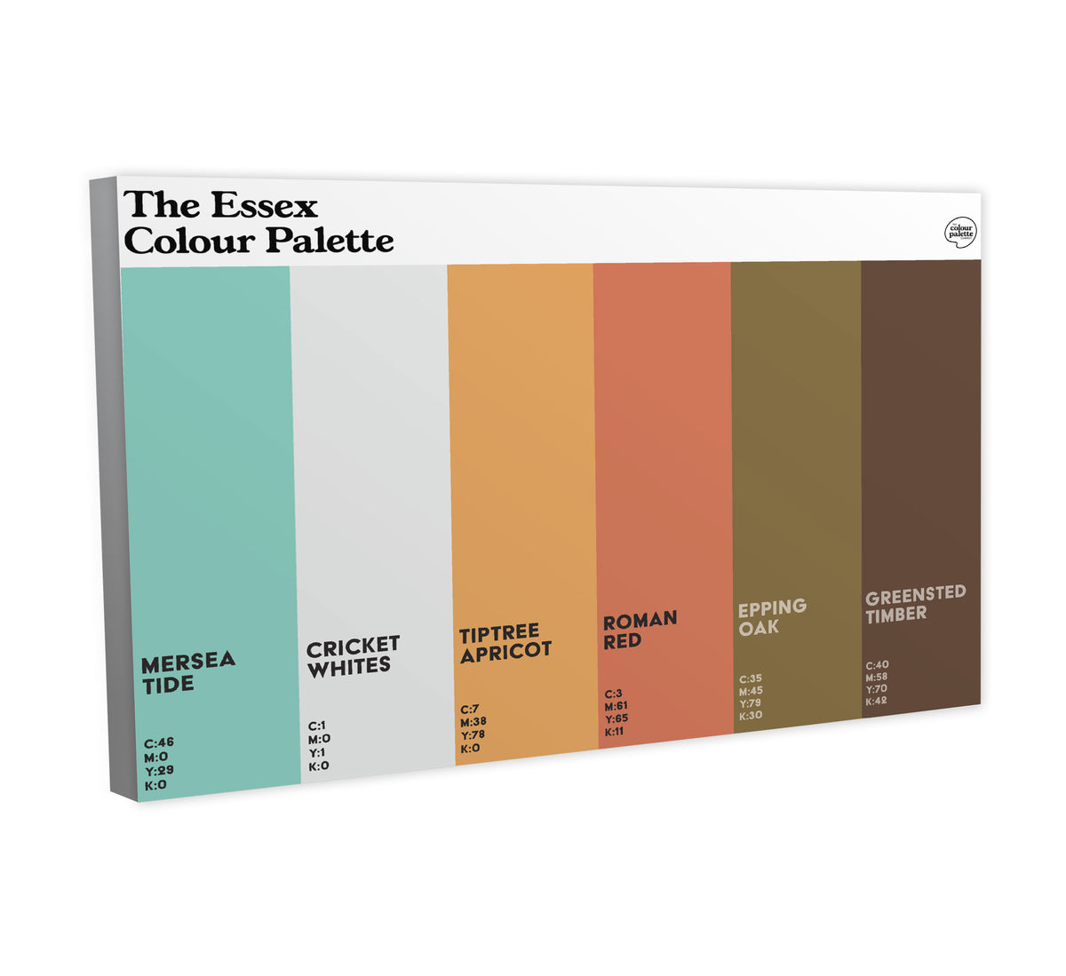 Essex Colour Palette canvas wall art featuring six vertical colour swatches inspired by Mersea Island, Tiptree, Colchester, Epping Forest and Greensted.