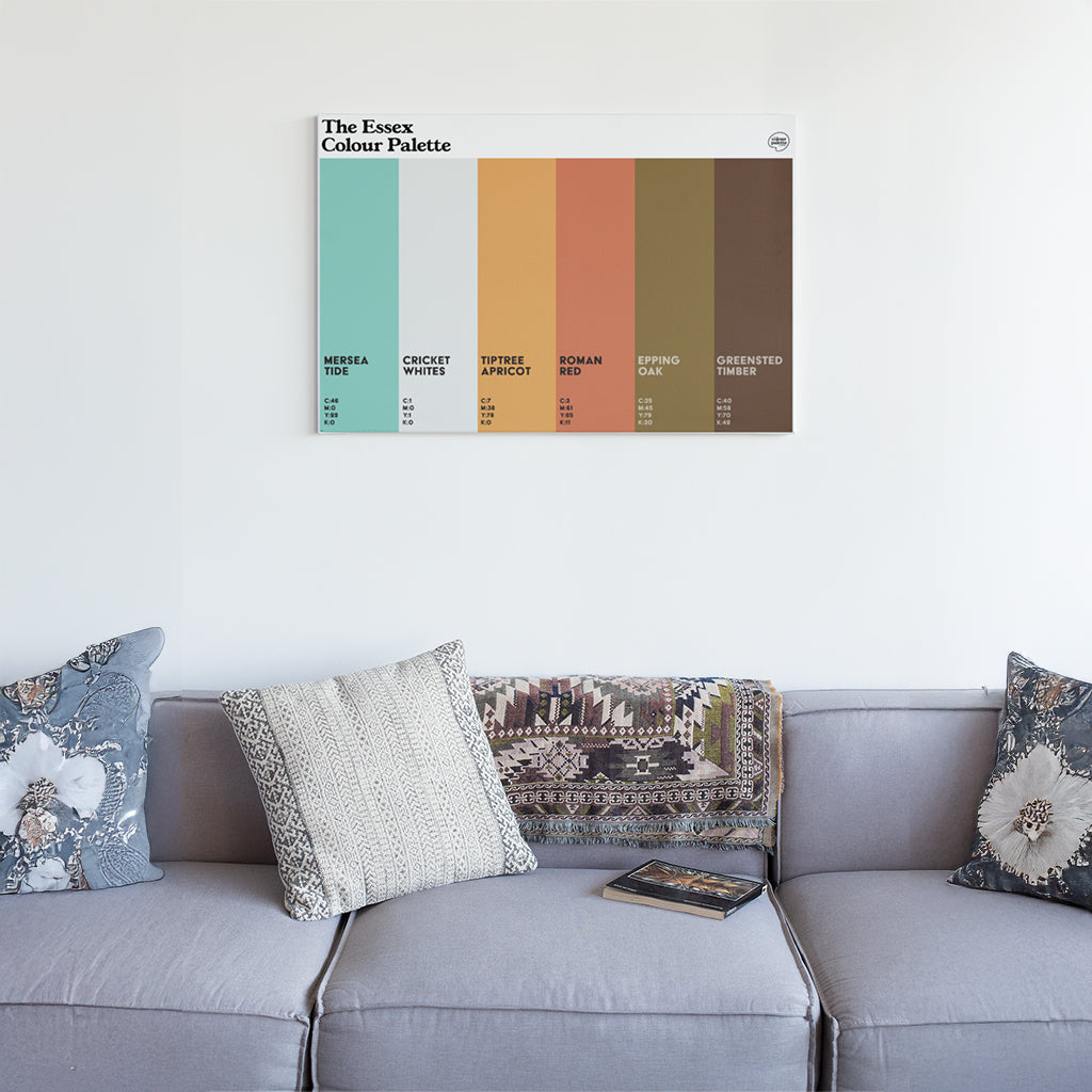 Essex Colour Palette canvas wall art featuring six vertical colour swatches inspired by Mersea Island, Tiptree, Colchester, Epping Forest and Greensted.