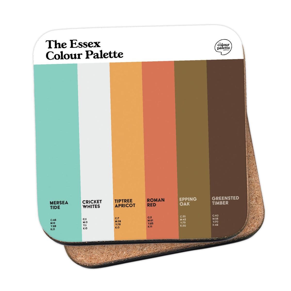 Essex Colour Palette coaster featuring six colours celebrating Mersea Island, Tiptree preserves, Colchester’s Roman history and Essex countryside.