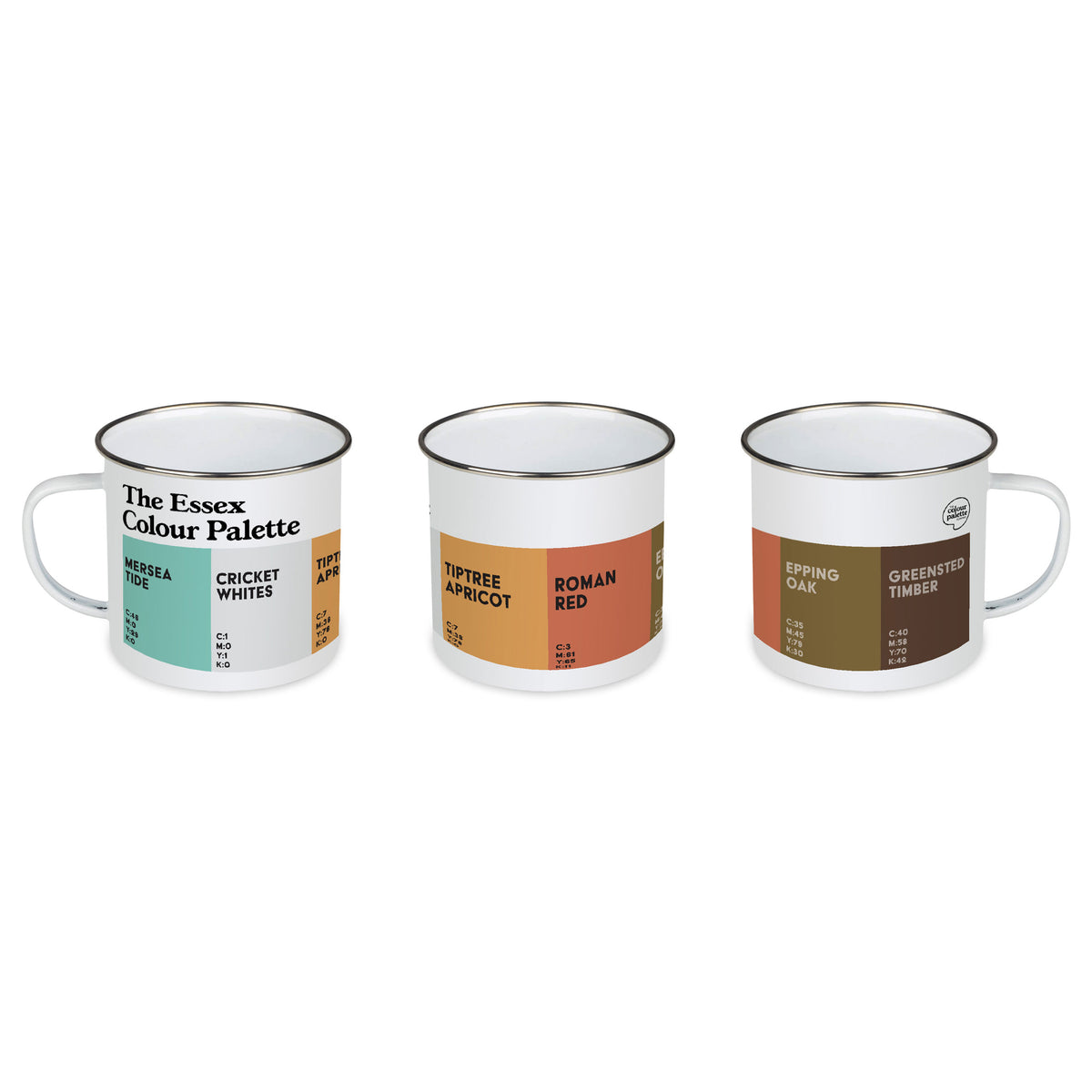 White Essex Colour Palette enamel mug with contrasting rim and colour swatches inspired by Mersea Island, Essex cricket and Tiptree preserves.