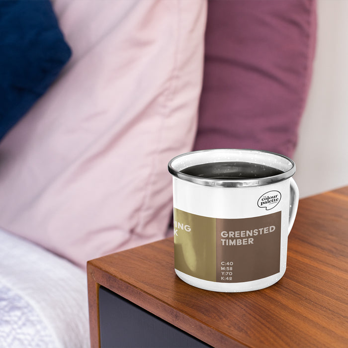 White Essex Colour Palette enamel mug with contrasting rim and colour swatches inspired by Mersea Island, Essex cricket and Tiptree preserves.